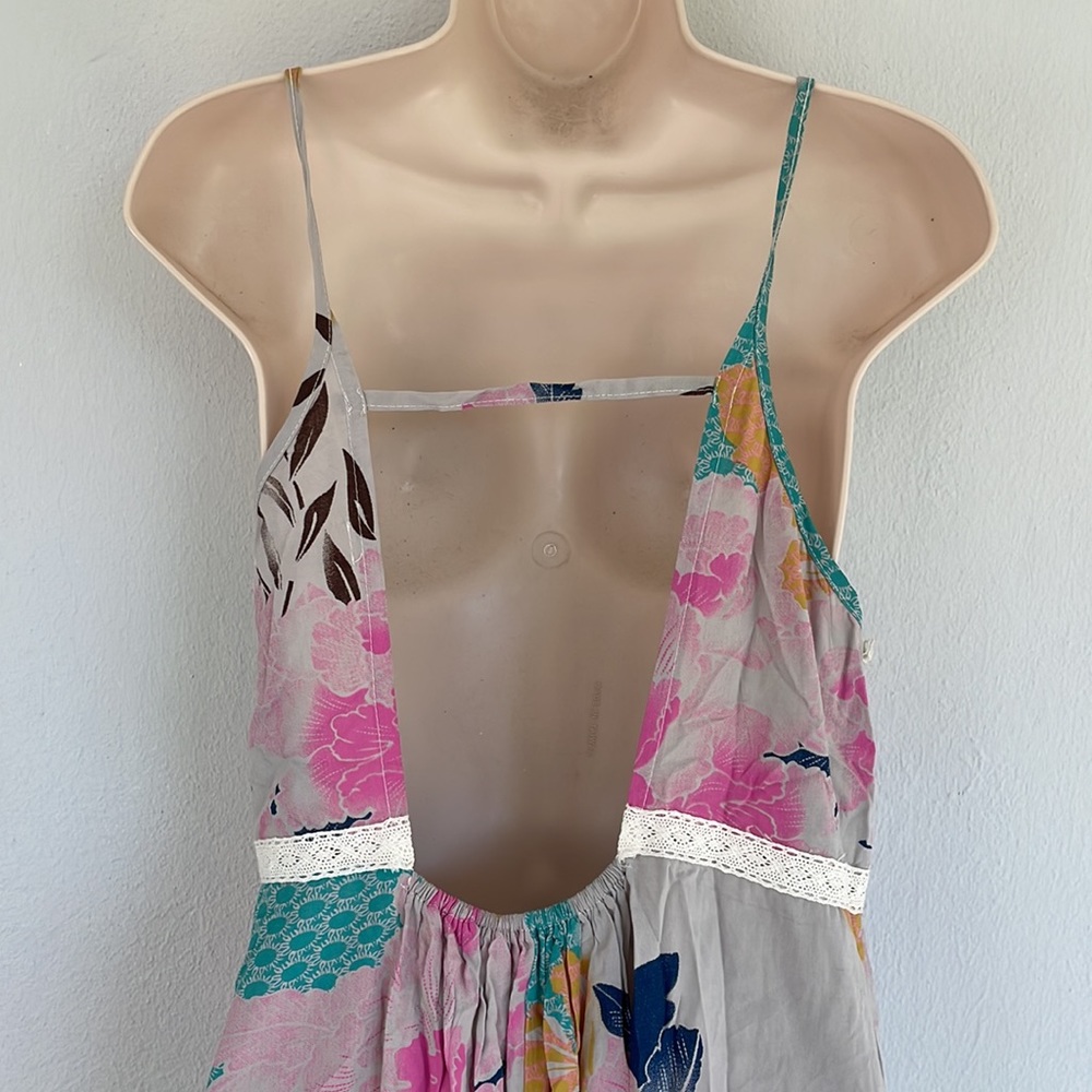 Ocean Drive gray tropical floral tie strap backless pom pom dress size medium - Picture 7 of 10